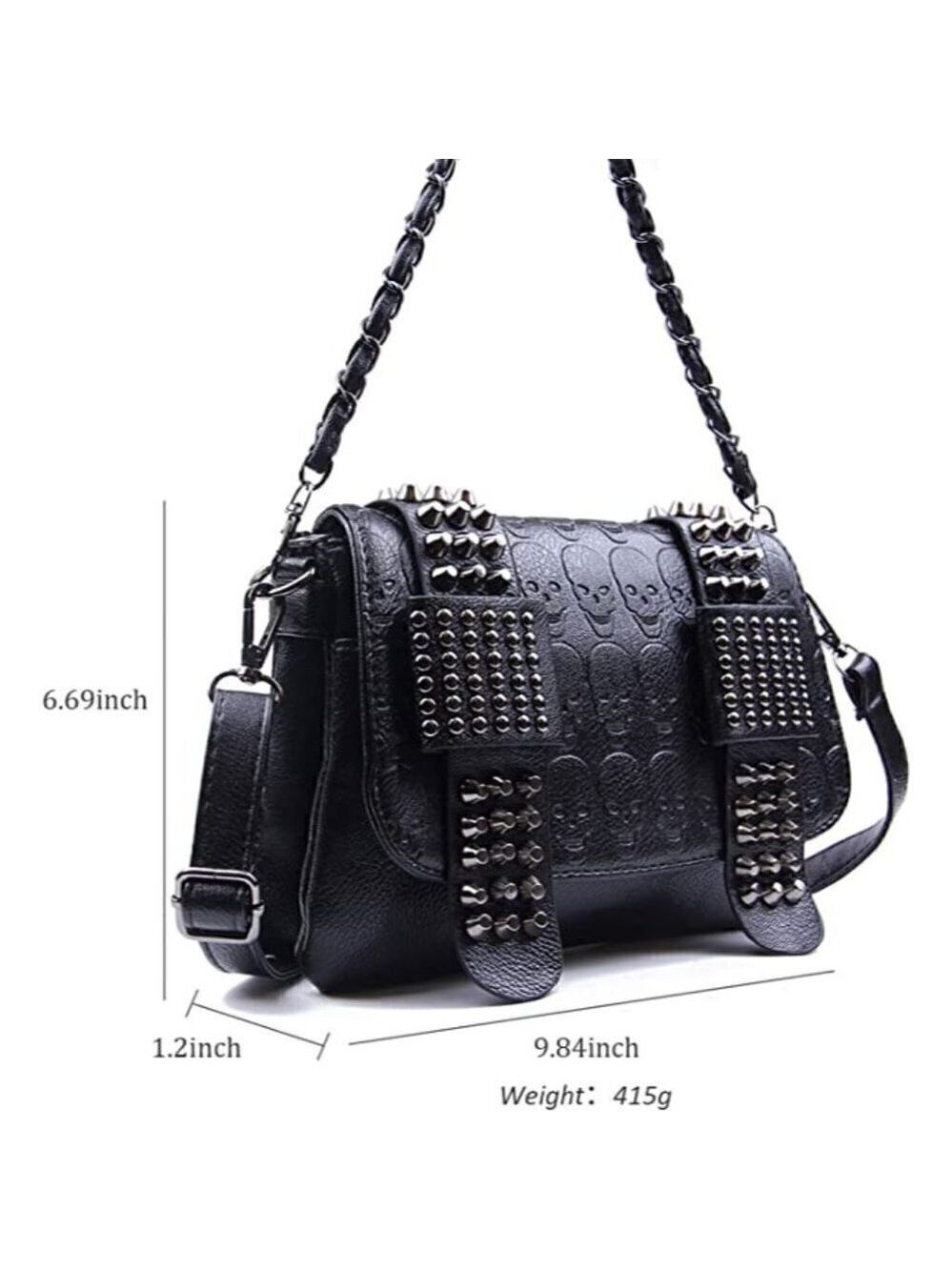 Black Leather Skull Crossbody Bag Chain Gothic Shoulder Biker Rocker Studded NWT - Picture 4 of 11
